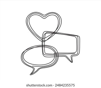 Continuous line drawing of love feelings in speech bubbles. Symbol of love in a feeling bubble. For Valentine's Day greeting cards, lover's birthday, love greetings for couples. love in doodle style.