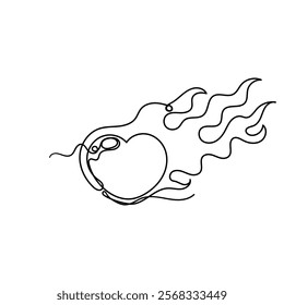 continuous line drawing love heart on fire illustration