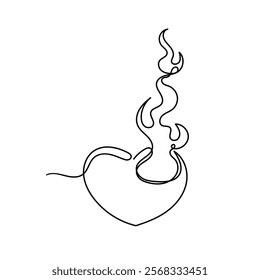 continuous line drawing love heart on fire illustration