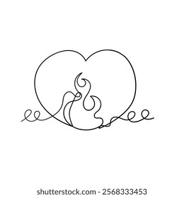 continuous line drawing love heart on fire illustration