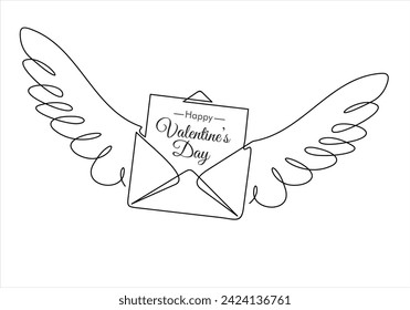 Continuous line drawing. Love letter with heart and wings. Valentine's day. Template for love cards and invitations. Isolated on white background. Hand drawn vector illustration.