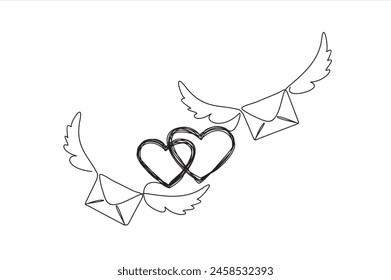 Continuous line drawing. Love letter with heart and wings. Valentine's day. Template for love cards and invitations. Isolated on white background. Hand drawn vector illustration.