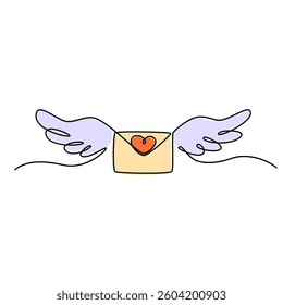 Continuous line drawing. Love letter with heart and wings. Valentine's day. Template for love cards and invitations. Isolated on white background. Hand drawn color vector illustration. 