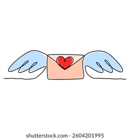 Continuous line drawing. Love letter with heart and wings. Valentine's day. Template for love cards and invitations. Isolated on white background. Hand drawn color vector illustration.