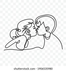Continuous line drawing of love man and woman kissing minimalism design on transparent background.