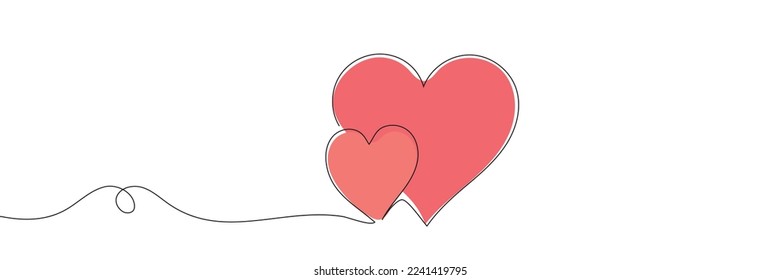 Dibujo continuo de la línea del signo del amor con dos corazones sobre fondo blanco. Ilustración del vector