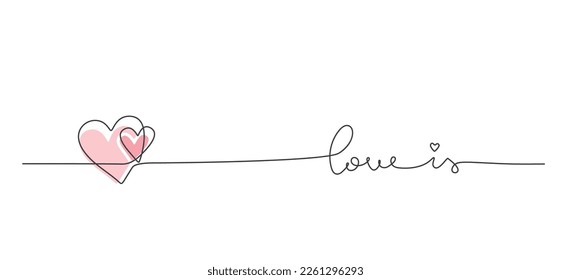 Continuous line drawing of love sign with two vector hearts, Valentines day minimalism design on white background concept.