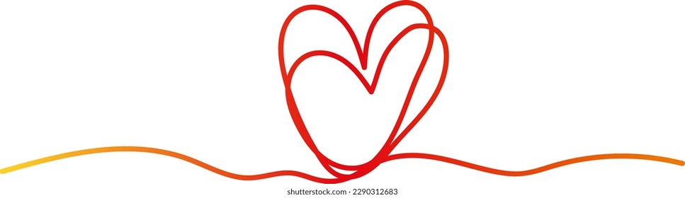 Dibujo continuo de la línea del signo del amor con dos corazones rojos sobre fondo blanco. Gradiente de línea de rojo a amarillo. Dos bocetos cardíacos en la misma línea ondulada.