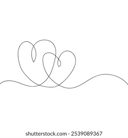 Continuous line drawing of love sign with two hearts embrace minimalism design on white background. Hand sketch art, relationship icon, romance concept. Vector EPS 10.