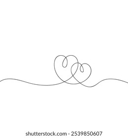 Continuous line drawing of love sign with two hearts embrace minimalism design on white background. Hand sketch art, relationship icon, romance concept. Vector EPS 10.