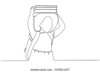 Continuous Line drawing of A lovely little girl having fun holding her lesson books on her head with bag pack. Education, Smart kids, Child development, Kids Intelligence,' Back to school' vector