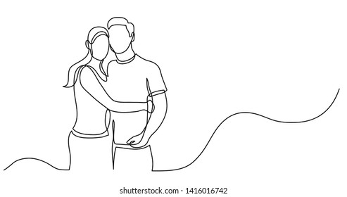 continuous line drawing of loving couple hugging each other