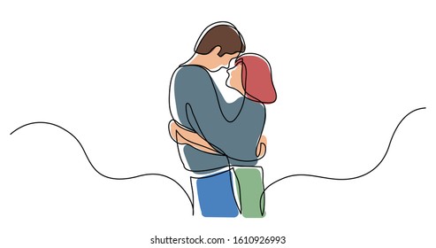 continuous line drawing of loving couple of young man and woman hugging each other