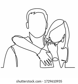continuous line drawing of loving couple embracing and kissing