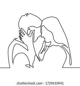 continuous line drawing of loving couple embracing and kissing