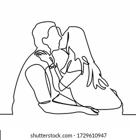 continuous line drawing of loving couple embracing and kissing