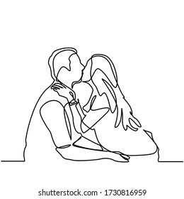 continuous line drawing of loving couple embracing and kissing. Girl hugging a man on a white background