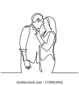 continuous line drawing of loving couple embracing and kissing. Girl hugging a man on a white background