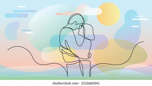 continuous line drawing of loving couple of young man and woman hugging each other