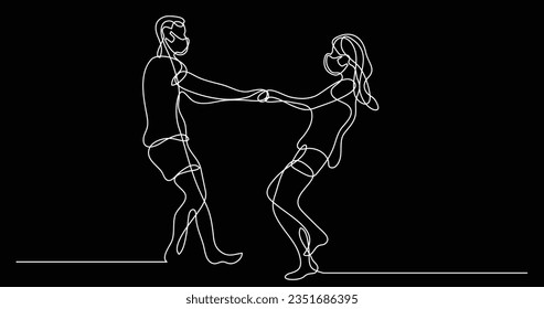 continuous line drawing of loving couple wearing face masks having fun