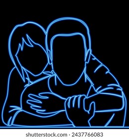 Continuous line drawing Loving couple hugging icon neon glow vector illustration concept