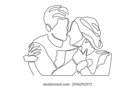continuous line drawing of loving couple hugging