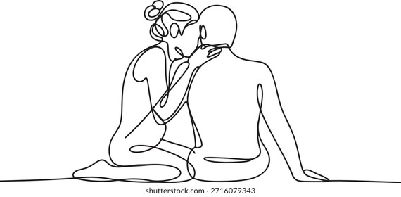 Dibujo de línea continuo de una pareja amorosa que abarca obras de arte de estilo minimalista que representan el romance y la intimidad. Boceto simple de una sola línea de hombre y mujer en una pose tierna que muestra la unión, la pasión y el concepto de arte de Ilustración vectorial de vínculo emocional.