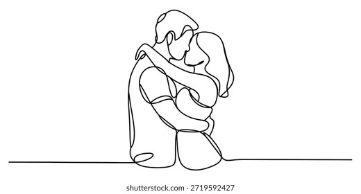 Kontinuierliche Linienzeichnung eines liebevollen Paares, das sich mit Zuneigung und Intimität umarmt Vektor, Illustration