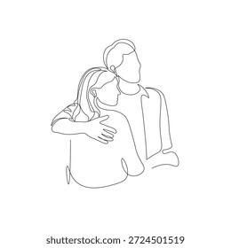 Continuous Line Drawing of Loving Couple Hugging from Behind. Minimalist Man and Woman Embrace, Comfort, Protection and Emotional Support Concept
