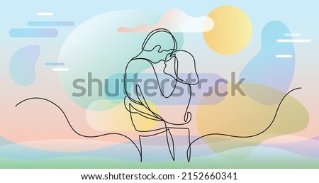 continuous line drawing of loving couple of young man and woman hugging each other