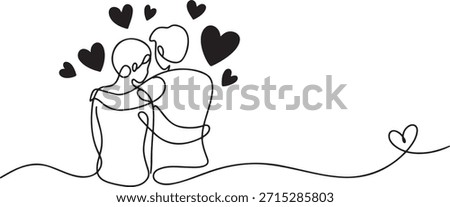 Continuous line drawing of loving couple embracing with flying hearts minimal single line sketch hugging figures romantic relationship concept simple art illustration banner background wedding anniversary valentine love theme design