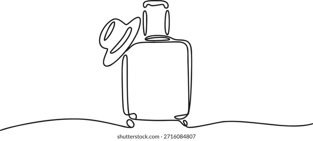 Kontinuierliche Strichzeichnung des Gepäcks. Einzeiliges Teil eines Urlaubskoffers mit einem Hut auf der Oberseite. Minimalistische Illustration einer Reisetasche für eine Reise. Einfacher Schlag eines Trolleykoffers, bereit für ein Abenteuer. Eine Linie Zeichnung eines Ferienkösters symbolisiert Reise und Erkundung.