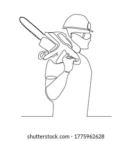 Continuous line drawing of lumberjack man wood cutter work and holding chainsaw to cut wood tree. Vector illustration