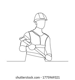 Continuous line drawing of lumberjack wood worker use safety helmet and holding axe to cut wood tree. Vector illustration