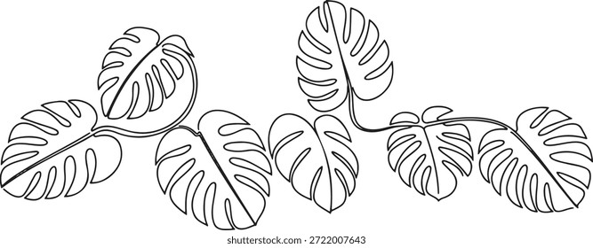 Desenho em linha contínua de exuberantes folhas monstera deliciosa ligadas por uma videira sinuosa. Esta arte de planta tropical em um estilo simples, elegante linha preta em um fundo transparente é perfeito para temas de botânica, natureza e decoração interior. Representa beleza natural, crescimento e flora exótica.