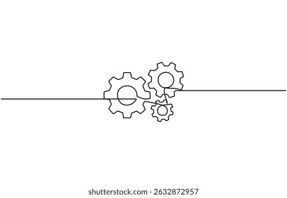  Continuous line drawing of machine gear. Single one line drawing illustration of gear wheel, Moving linear three cog gears. 