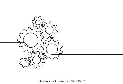 Continuous line drawing of machine gears. Vector illustration of a gear wheel with gears on a transparent background. Engine gear technology concept in doodle style