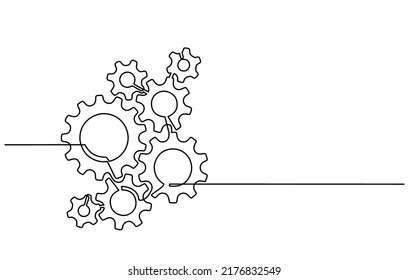 Continuous line drawing of machine gears. Vector illustration of a gear wheel with gears on a transparent background. Engine gear technology concept in doodle style