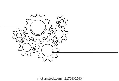 Continuous line drawing of machine gears. Vector illustration of a gear wheel with gears on a transparent background. Engine gear technology concept in doodle style