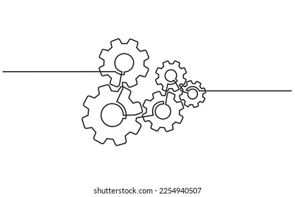 Continuous line drawing of machine gears. Vector illustration of a gear wheel with gears on a white background. Engine gear technology concept in doodle style. gear icon template vector editable.
