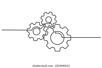 Continuous line drawing of machine gears. Vector illustration of a gear wheel with gears on a white background. Engine gear technology concept in doodle style. gear icon template vector editable.