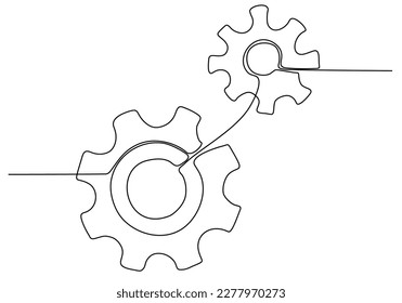 Continuous line drawing of machine gears. Gear vector illustration with cogs on transparent background. Machine gear technology concept in doodle style