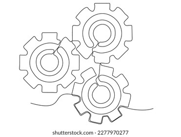 Continuous line drawing of machine gears. Gear vector illustration with cogs on transparent background. Machine gear technology concept in doodle style