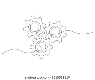 Continuous line drawing of machine gears. Single line illustration of gears wheel. Engine gear, Gear of business teamwork concept. Editable outline
