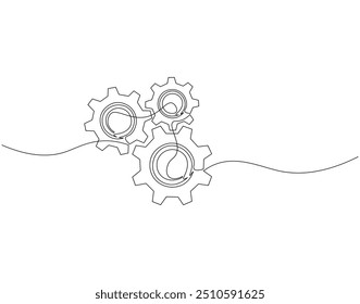 Dibujo continuo de línea de engranajes de máquina. Ilustración de una sola línea de engranajes de rueda. Engranaje del motor, engranaje del concepto del trabajo en equipo del negocio. Esquema editable
