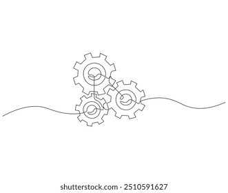 Continuous line drawing of machine gears. Single line illustration of gears wheel. Engine gear, Gear of business teamwork concept. Editable outline
