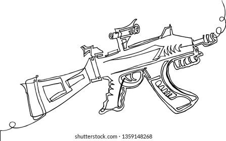 Continuous line drawing of Machine Gun. Vector rendering . Wire-frame style. The layers of visible and invisible lines are separated. illustration.