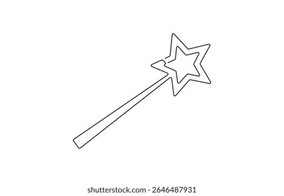 continuous line drawing of magic wand with star head.one line drawing of magic wand for carnival event, isolated white background, Magic Wand Icon Flat Design, minimal.