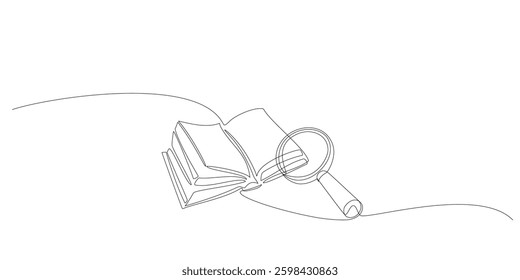 Continuous line drawing of magnifier over open book. Single line art of magnifying glass, loupe and notebook for education, science, business concept banner, presentation. Editable stroke illustration