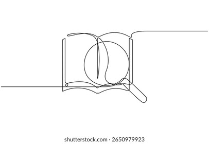 Continuous line drawing of magnifier over open book. Single line art of magnifying glass, Open book with magnifying glass in continuous line art drawing style. Research and knowledge symbol.